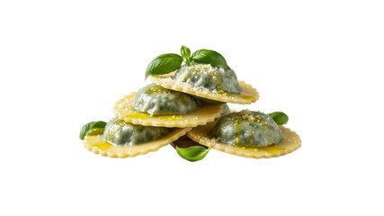 Ravioli pasta with basil garnish on Transparent Background