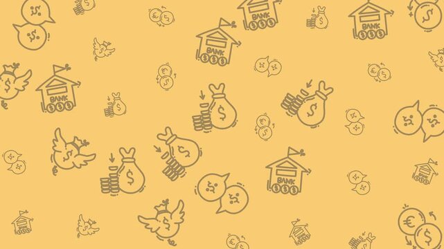 Repeating pattern featuring buildings, birds, bags, and currency symbols. Perfect for backgrounds, textiles, stationery, and creative projects.