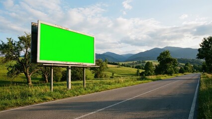 Blank Green Billboard on Rural Roadside Landscape.
