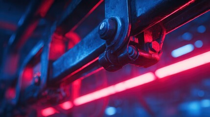 Metal clamp gripping illuminated beams of red and blue light in a futuristic industrial concept, high-tech machinery, glowing neon reflections, dynamic lighting, sharp metallic textures