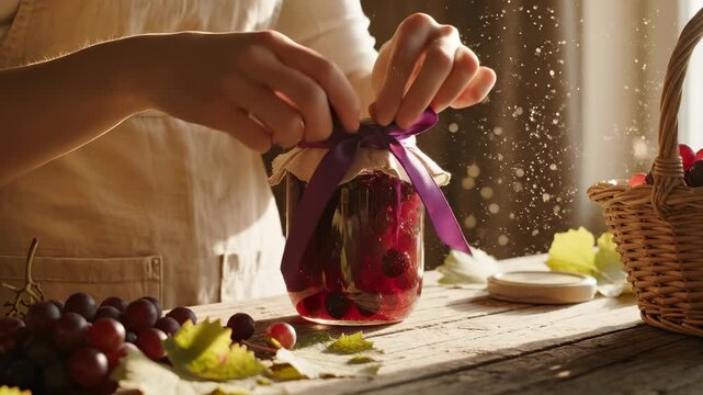 Woman ties purple ribbon on jar with preserved grapes in sunlit kitchen. Hands decorate grape jar with purple bow. Woman makes homemade preserve. Kitchen table with grapes and ribbon decoration.