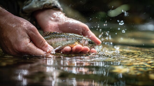 Man gently releasing a small trout into clear river water during outdoor fishing activity, hands close to the water surface, ripples and droplets, sunlight reflections, nature conservation concept