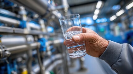 Technician fills a clear glass with clean water while checking filtration system performance, modern water treatment facility, professional maintenance scene, focus on purity and transparency
