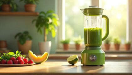 Green blender with healthy smoothie sits on kitchen counter near fresh fruits. Ingredients for a healthy drink include raspberries melon and lime. Sunlight streams through window.