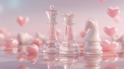 White and glass queen chess pieces standing together, surrounded by floating pink hearts, romantic dreamy atmosphere, soft pastel lighting, glossy reflections, elegant minimal composition