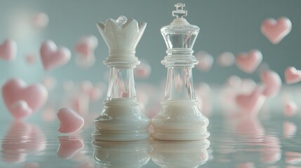 White and glass queen chess pieces standing together, surrounded by floating pink hearts, romantic dreamy atmosphere, soft pastel lighting, glossy reflections, elegant minimal composition