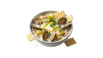Clam chowder soup with crackers