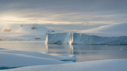 Antarctic landscape with endless white ice fields stretching to the horizon, towering blue glaciers glowing in soft golden sunlight and massive ice cliffs reflecting in crystal clear water