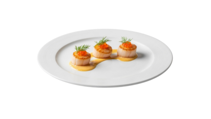 Seared scallops with salmon roe and dill on plate