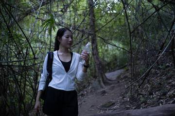 A woman is walking through a forest with a bottle of water in her hand. Walking Trail Hiking forest concept.