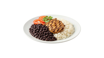 Rice beans and sliced grilled chicken with tomatoes