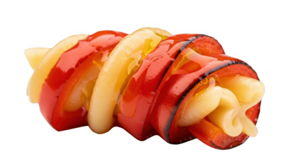 Sliced red bell pepper and yellow cheese spiral with glaze food vegetable
