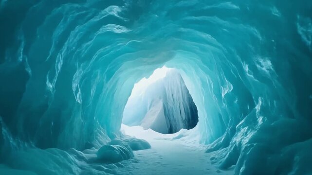 Deep blue translucent ice cave tunnel interior view. Glacier cavern background with natural light shining through the icy exit structure.