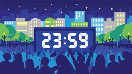 Modern flat vector illustration of New Year countdown in public square with digital clock and crowd silhouettes at night, ideal for event promotions