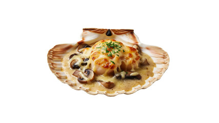 Scallop gratin with mushrooms in shell on Transparent Background