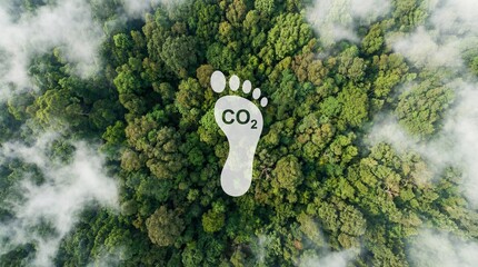 Carbon footprint concept with CO2 footprint symbol above dense green forest from aerial view representing climate impact, emissions awareness and sustainability.