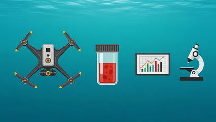 Scientific Research and Analysis Equipment Underwater with Drone, Microscope, and Data Visualization