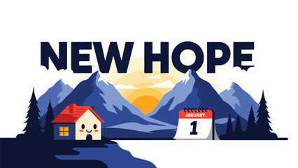Modern flat vector illustration of New Year New Hope morning sunrise over mountains with small house and January 1 calendar, calm winter scene, ideal for background