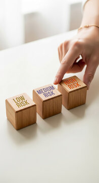 Three wooden block with "low", "medium", "high" risk labels and a finger pointing to the high one, representing decision making, option evaluation
