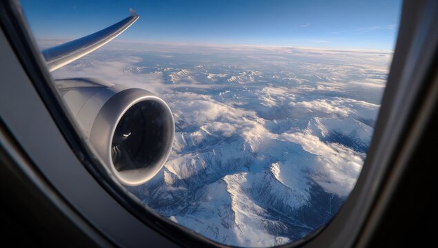High-altitude view of snow-capped mountains from an airplane window - Powered by Adobe