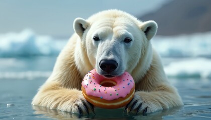 Polar bear eats pink donut in cold blue water arctic. Icebergs float in background. White mammal animal enjoys sweet treat despite cold weather and icy landscape.