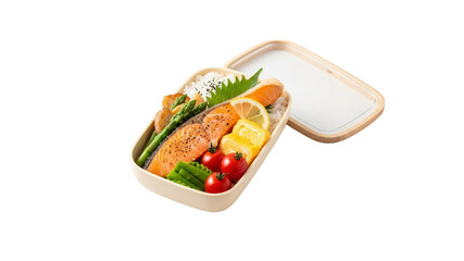 Salmon bento box with rice and vegetables