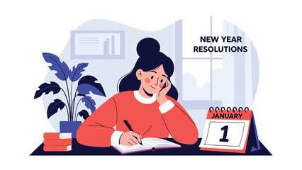 Modern flat vector illustration of New Year resolutions concept with person writing goals at desk, clean interior scene, ideal for motivation content