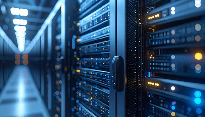 Data Center Infrastructure: Rows of servers meticulously arranged in a modern data center, a testament to the digital age and the architecture of the information.