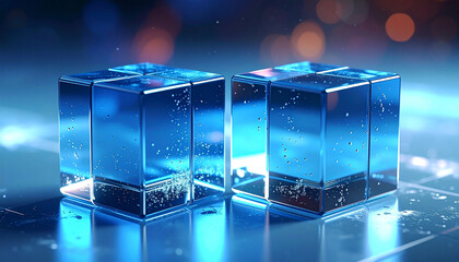 Fusion of Modern Technology: Two shimmering, blue glass cubes, bathed in an ethereal light, float in a futuristic setting, depicting a connection of technology and a futuristic digital world.