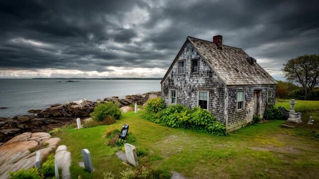 4K Creepy old shingled house and graveyard on rocky coastline under dark stormy clouds video