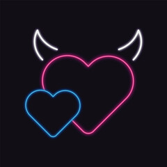 A stylized illustration of two neon hearts, one pink with horns, representing a mix of sweet and mischievous love.