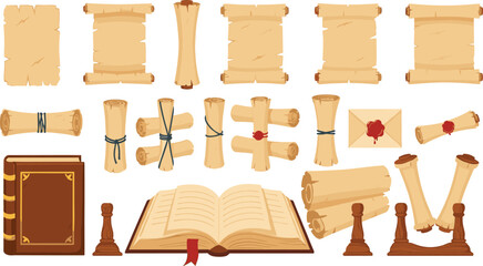 Ancient parchment scroll and manuscript vector set with rolled papers, old books, wax seals, and medieval writing elements for history and fantasy design
