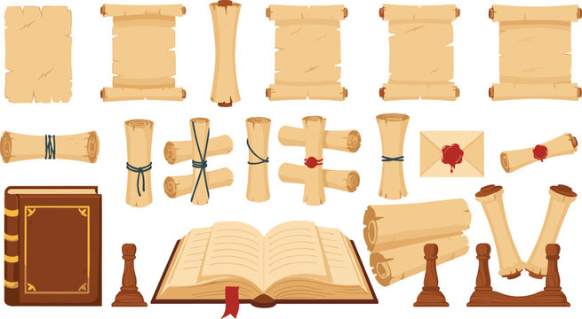 Ancient parchment scroll and manuscript vector set with rolled papers, old books, wax seals, and medieval writing elements for history and fantasy design