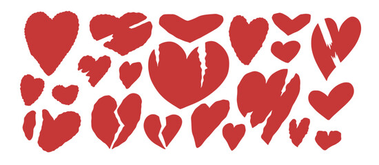 Set of torn paper heart shapes in flat style. Ripped paper abstract elements. Cut out love pieces for scrapbook