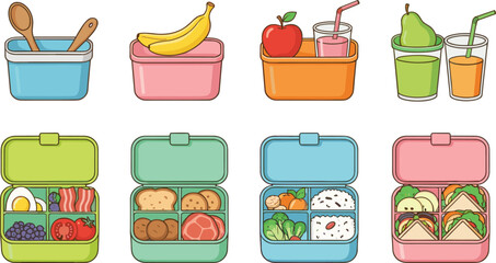 Colorful lunchbox and healthy meal vector set with snacks, fruits, sandwiches, and drinks, cute food containers for kids school lunches and meal planning