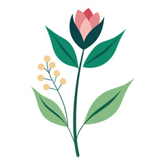 Fototapeta premium Vibrant pink flower with lush green leaves and yellow buds on stem
