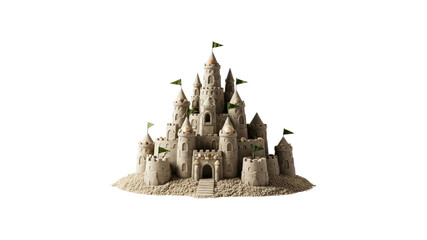 Sandcastle with green flags and seashells