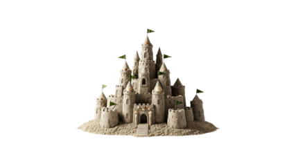 Sandcastle with green flags and seashells