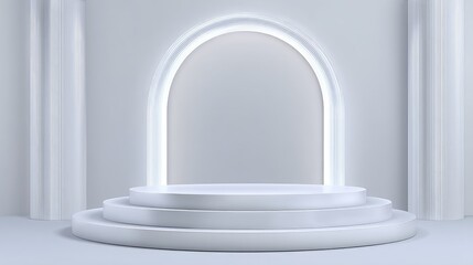 Modern minimalist presentation stage with circular arch design and soft lighting for showcasing products or artistic displays in a professional setting