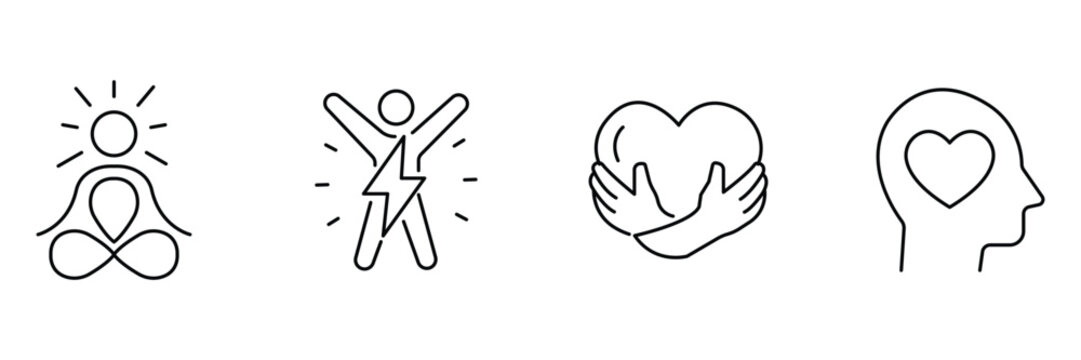 Freshness wellness icon set, meditation infinity pose, energetic body vitality, hands holding heart, mental health love mind illustration.
