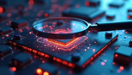 Close up of computer circuit board with glowing red lights. Magnifying glass hovers over microchip, suggesting digital analysis, cyber investigation, tech examination. Focus on intricate details of