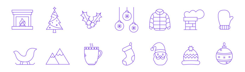 14 Purple Christmas and Winter Holiday Line Icon Set: Santa, Tree, Fireplace, Sleigh, Ornaments