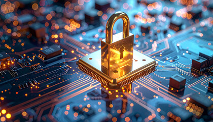 Digital Fortress: A gleaming padlock rests atop an intricate circuit board, symbolizing robust cybersecurity. The image highlights secure digital infrastructure.