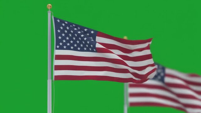 Waving American flag on a flagpole isolated on a bright green screen background. US Stars and Stripes banner fluttering on chroma key for political, patriotic, and national concepts.