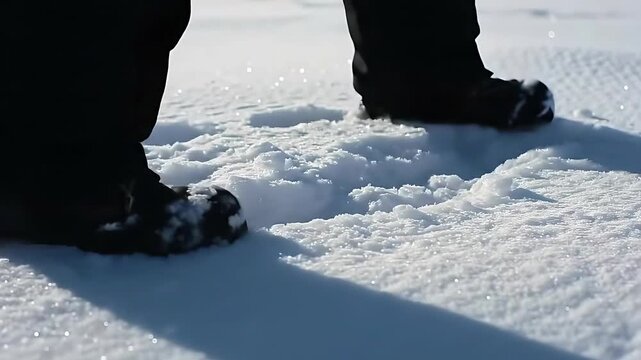 Footsteps crunching through deep, fresh, powdery snow, leaving clear, distinct boot tread marks on the pristine winter landscape.