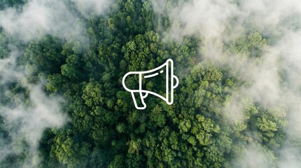 Environmental announcement and green awareness with megaphone icon above dense forest canopy. Aerial view symbol for communication strategy, climate messaging, sustainability campaigns.
