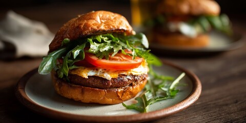 Delicious burger served on a plate with fresh greens and tomato close to a beverage