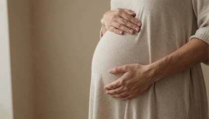 woman in light-striped dress gently touches her abdomen, indoors on plain wall, calm, introspection, serenity, motherhood, vulnerability., pregnancy, wellness., springtime