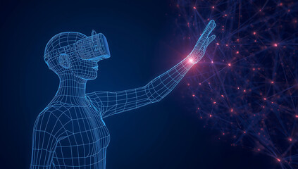 Wireframe human figure wearing VR headset interacting with a glowing digital network of nodes and lines