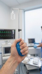 hand holds blue stress ball in hospital room with monitors and trays, suggesting calm relaxation, wellness, and respite, health, care., stress relief, focus, well-being, mental health., mindfulness